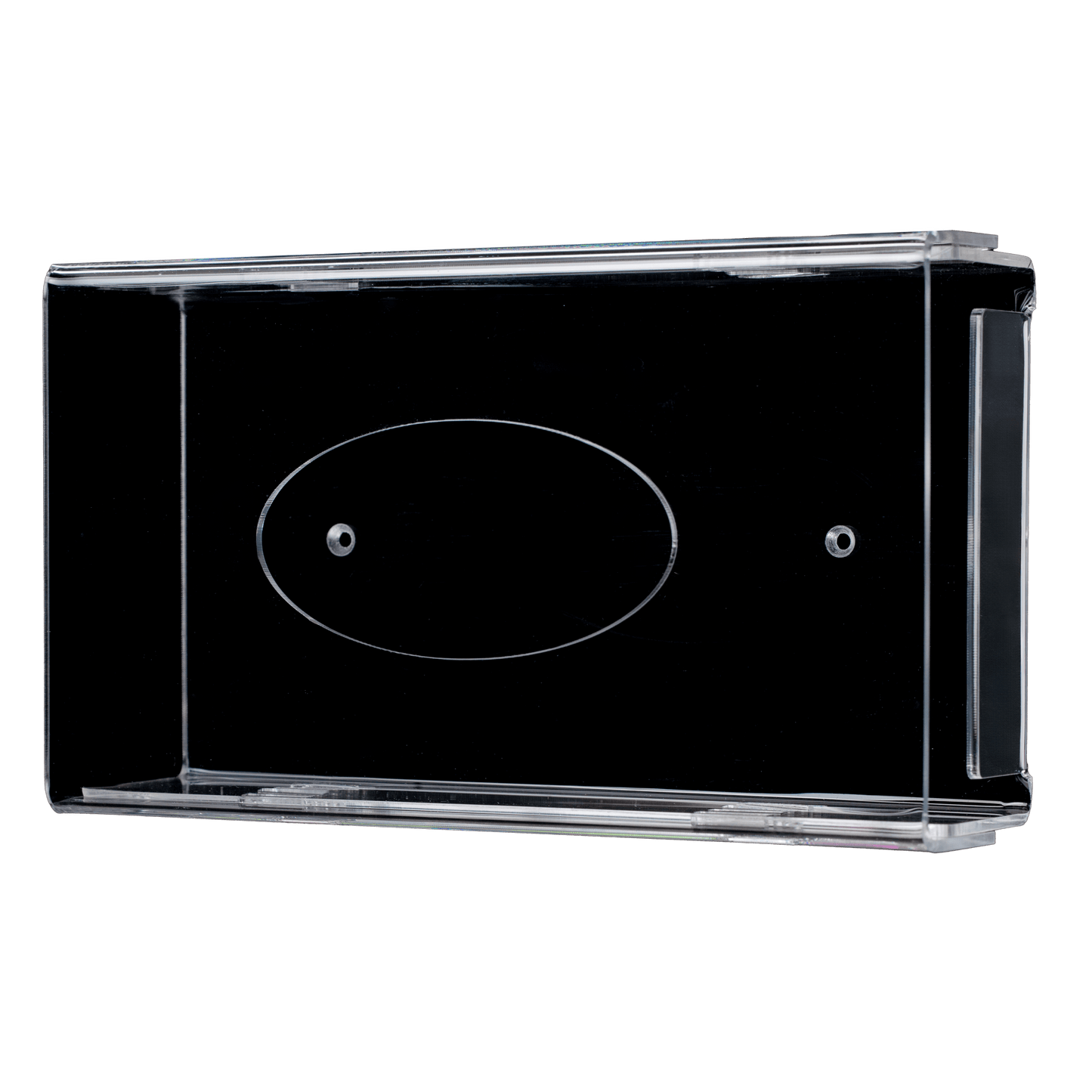 Dispenserul de mănuși de unică folosință AMPri este un suport de perete transparent, lăptos, din acril (250 x 135 x 55-90 mm) cu două găuri pentru șuruburi și o parte centrală ovală, ilustrat pe un fundal alb.
