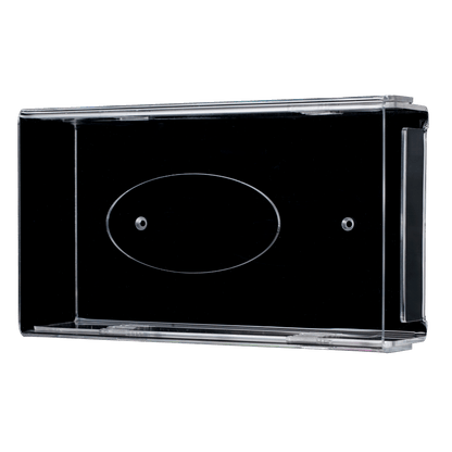 Dispenserul de mănuși de unică folosință AMPri este un suport de perete transparent, lăptos, din acril (250 x 135 x 55-90 mm) cu două găuri pentru șuruburi și o parte centrală ovală, ilustrat pe un fundal alb.