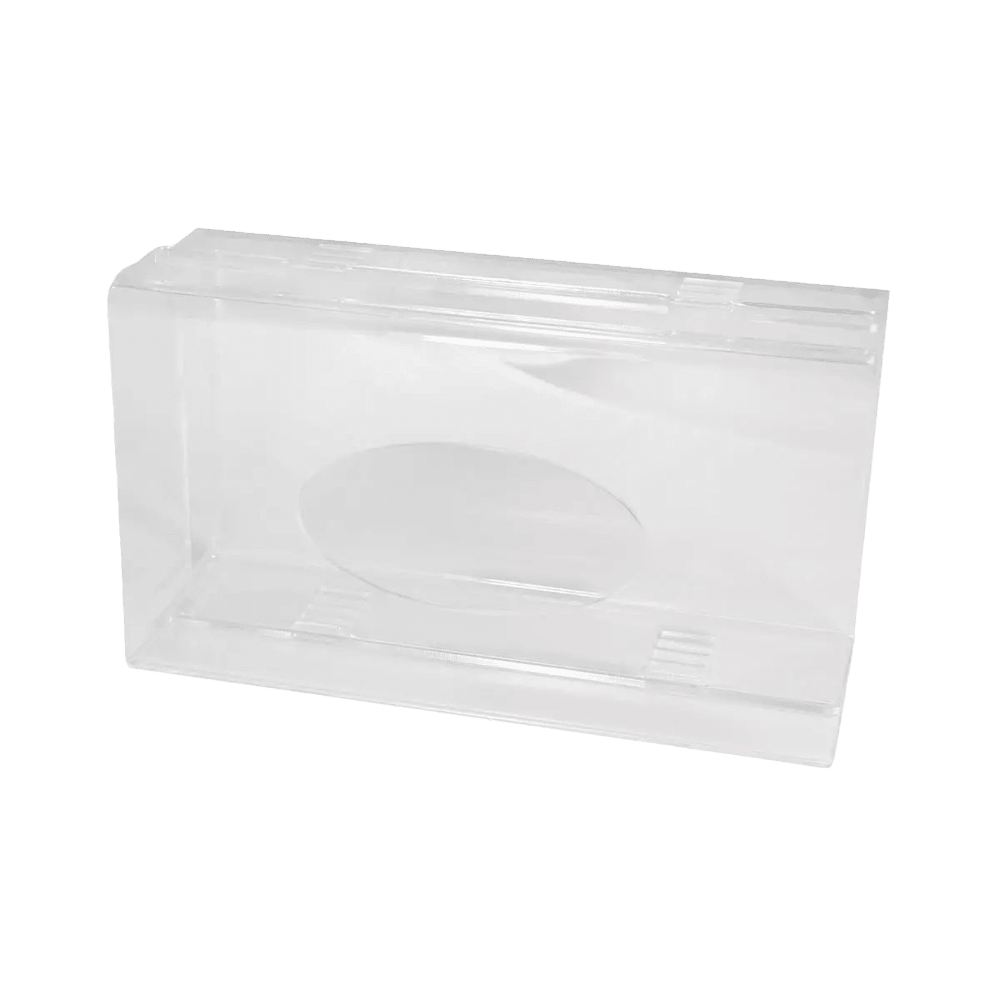 Un dispenser transparent, lăptos, din acril pentru mănuși de unică folosință (250 x 135 x 55-90 mm) de la AMPri Handelsgesellschaft mbH este prezentat închis și gol, cu un capac rabatabil pe un fundal alb simplu, ideal pentru depozitarea organizată a mănușilor.