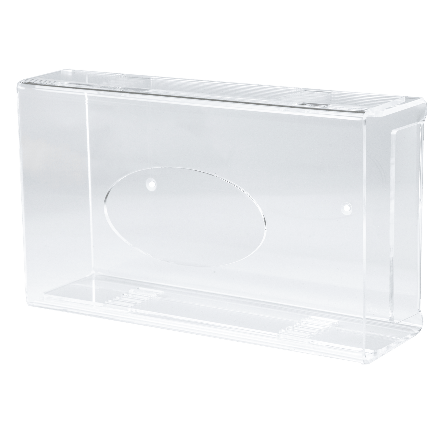 Dispenserul de mănuși de unică folosință AMPri este un suport transparent, lăptos, din acril (250 x 135 x 55-90 mm) cu margini netede și o adâncitură ovală pe o parte, ilustrat pe un fundal alb simplu.