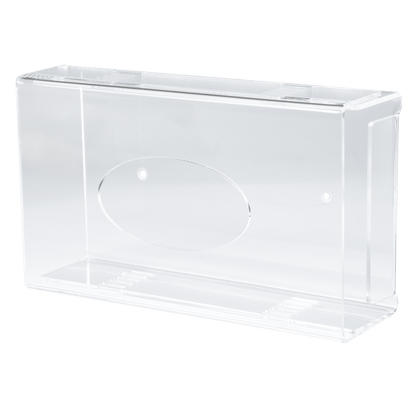 Dispenserul de mănuși de unică folosință AMPri este un suport transparent, lăptos, din acril (250 x 135 x 55-90 mm) cu margini netede și o adâncitură ovală pe o parte, ilustrat pe un fundal alb simplu.