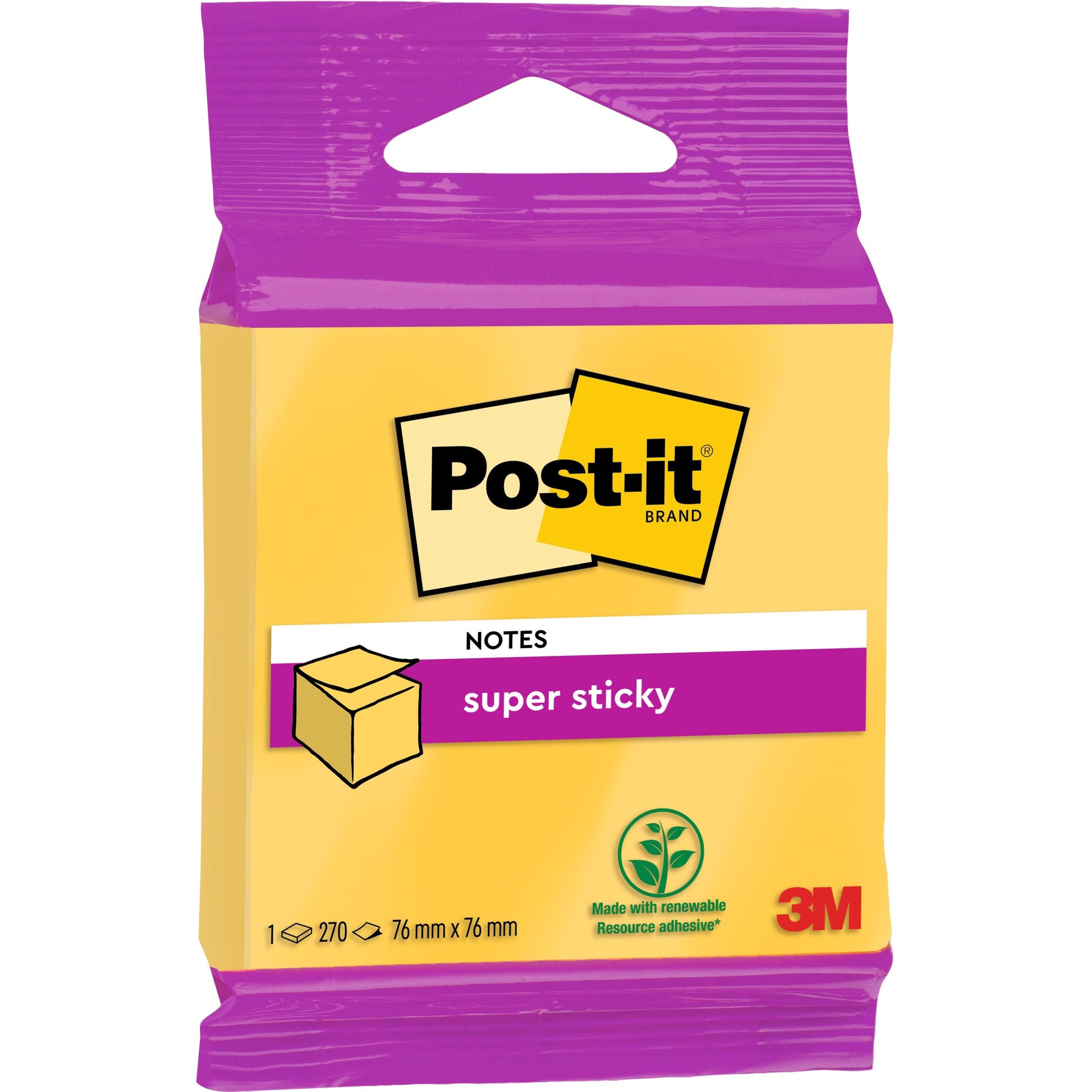 Eine Packung Post-it® Super Sticky Notes Würfel von 3M Deutschland GmbH, 76 mm x 76 mm, gekennzeichnet mit 100% PEFC, enthält 270 Zettel und ist gelb und lila mit dem Logo eines nachwachsenden Rohstoffs bedruckt.