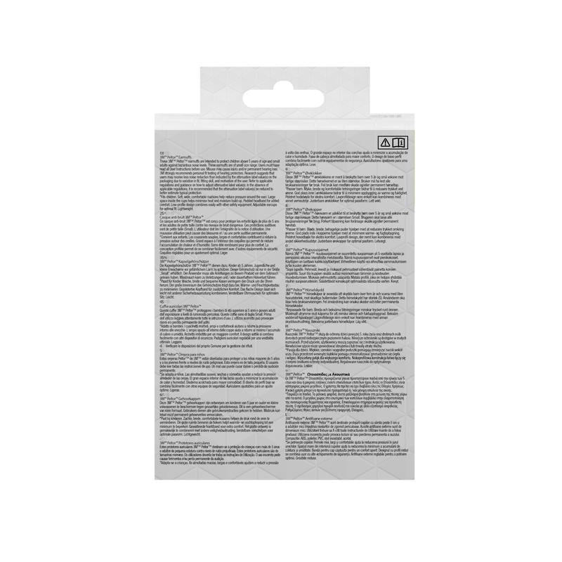 Imaginea arată partea din spate a unui ambalaj de protecție auditivă 3M™ PELTOR™ pentru copii de la 3M Deutschland GmbH cu instrucțiuni, avertismente și detalii despre produs în mai multe limbi pe un fundal alb cu un model geometric subtil. Nu este vizibil niciun branding sau nume de produs.