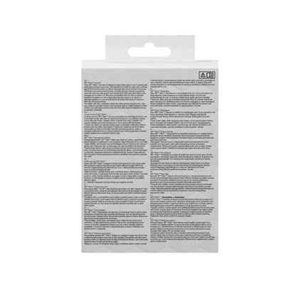 Imaginea arată partea din spate a unui ambalaj de protecție auditivă 3M™ PELTOR™ pentru copii de la 3M Deutschland GmbH cu instrucțiuni, avertismente și detalii despre produs în mai multe limbi pe un fundal alb cu un model geometric subtil. Nu este vizibil niciun branding sau nume de produs.