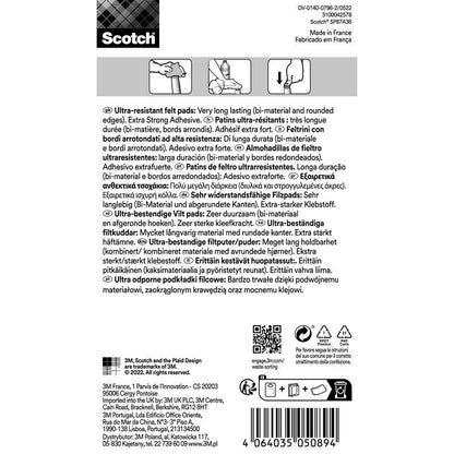 Partea din spate a unui pachet de tampoane de pâslă extrem de rezistent Scotch® SP87A36 de la 3M Deutschland GmbH, cu informații de protecție a mobilierului în mai multe limbi, simboluri funcționale (autoadeziv), evidențieri de text îngroșat și cod de bare în dreapta jos. Design alb-negru.