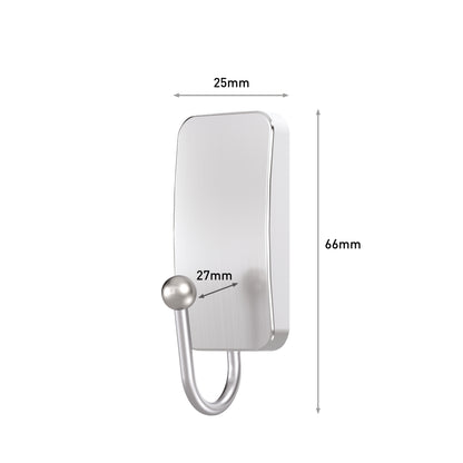 Der Command™ Metall-Haken Bad, schmal, Satin Nickel von 3M Deutschland GmbH verfügt über eine 25mm x 66mm große rechteckige Rückwand und einen abgerundeten Haken (27mm), ideal für Badezimmer Aufbewahrung. Der Hintergrund ist schlicht weiß.