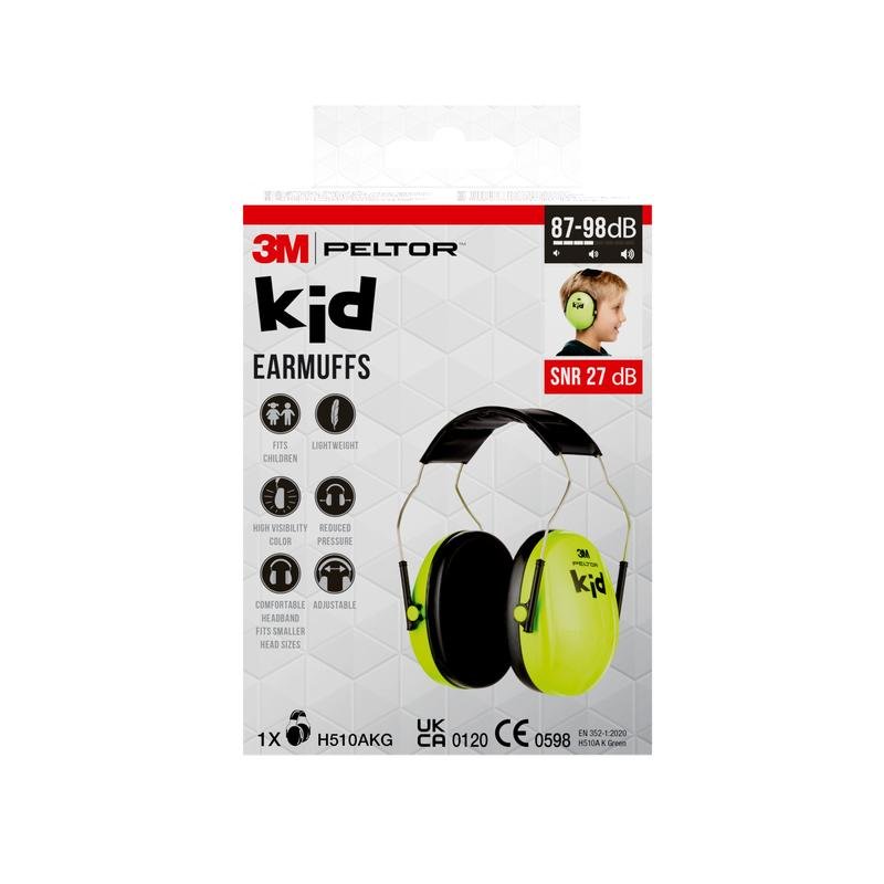 Vedere frontală a unui ambalaj de protecție auditivă 3M™ PELTOR™ pentru copii de la 3M Deutschland GmbH cu protecție auditivă verde neon și cupe de urechi negre. Pe ambalaj sunt specificate detalii despre produs, certificări și valori de protecție împotriva zgomotului.