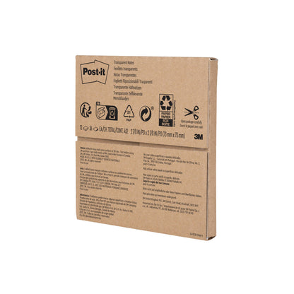Un ambalaj maro sigilat al Post-it® Transparent Notes (73 x 73 mm, 36 foi/bloc, 12 blocuri/pachet) de la 3M Deutschland GmbH este marcat cu branding, simboluri de reciclare și informații multilingve precum "notițe transparente".