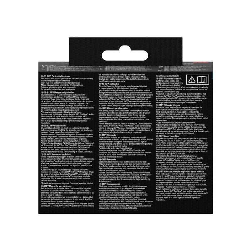 Partea din spate a ambalajului măștii de particule 3M™ Cool Flow™ 8822 FFP2 de la 3M Deutschland GmbH arată mai multe coloane cu text alb, multilingvistic pe fundal negru, care conține instrucțiuni, avertismente și detalii despre produs. În partea de sus se poate vedea o agățătoare.