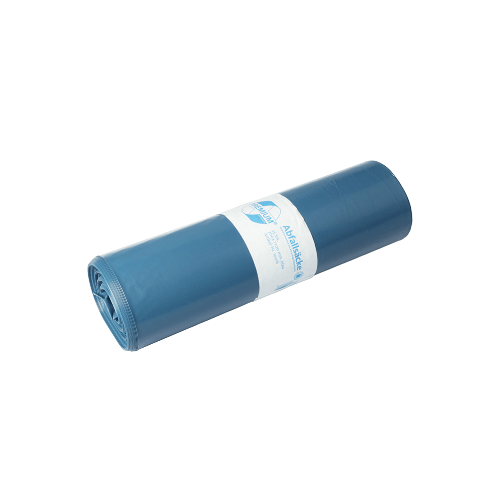 Un rolă DEISS 10016 saci de gunoi (700x1100x0,08 mm, albastru, 25 bucăți) de la EMIL DEISS KG (GmbH + Co.), ambalată cu o etichetă albă cu grafică albastră - ideal pentru eliminarea deșeurilor comerciale și ilustrată pe un fundal alb.