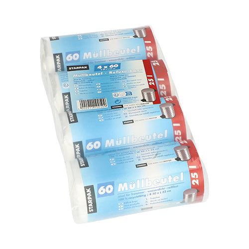 Patru role Starpak 240 saci de gunoi, HDPE 25 l (52 x 50 cm), fiecare cu 60 de pungi transparente, sunt livrate într-un ambalaj din plastic transparent cu etichete germane albastre și roșii - ideal pentru eliminarea igienică a deșeurilor.