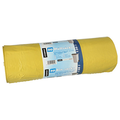O rolă de saci de gunoi Starpak 50, LDPE 120l (110x70cm), constă dintr-un sac galben cu o etichetă albastru-alb, multilingvă, pe care este indicată cantitatea de 50 bucăți și imagini ale containerelor. Fabricat din folie LDPE robustă.