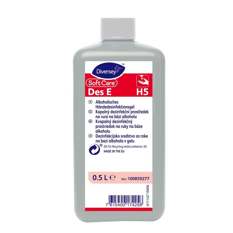 O sticlă de 500 ml Diversey Deutschland GmbH & Co. OHG Soft Care Des E, dezinfectant pentru mâini în formă de gel, listat de VAH, cu o etichetă multilingvă în albastru, roșu și alb cu instrucțiuni și informații.