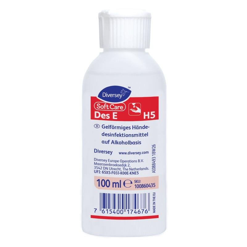 O sticlă albă de 500 ml Soft Care Des E, dezinfectant pentru mâini în formă de gel, listat de VAH, de la Diversey Deutschland GmbH & Co. OHG, cu o etichetă germană roșu-albă și un cod de bare albastru la bază.
