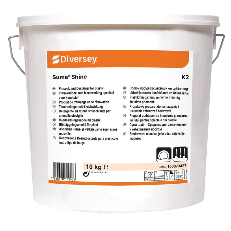 O găleată albă de 10 kg Diversey Suma Shine K2, un detergent de înmuiere pulbere cu efect de albire (găleată) de la Diversey Deutschland GmbH & Co. OHG, este așezată pe un fundal alb cu un mâner metalic și o etichetă portocaliu-alb cu informații multilingve.