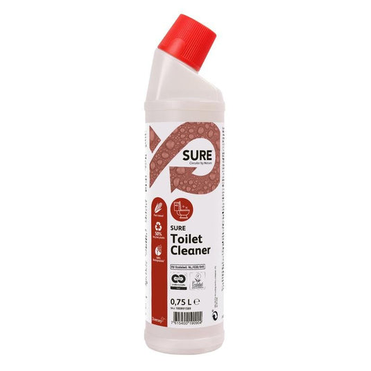 O sticlă de plastic albă de 0,75 l cu produsul SURE Toilet Cleaner, detergent pentru toalete și pisoare, produs de Diversey Deutschland GmbH & Co. OHG, prevăzută cu un capac unghiular roșu și o etichetă roșu-albă, asigură o curățare eficientă a toaletelor și pisoarelor.