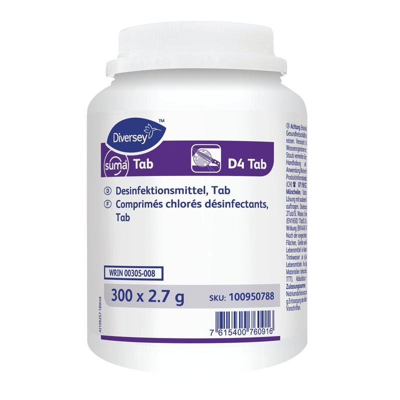 Un recipient din plastic alb cu inscripția "Suma Tab D4, tablete de dezinfectare pe bază de clor" de la Diversey Deutschland GmbH & Co. OHG conține 200 de tablete (per doză) cu instrucțiuni și informații despre produs în germană/franceză.