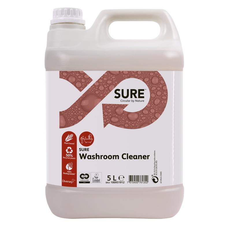Un recipient de plastic de 5 litri SURE Washroom Cleaner Sanitärreiniger de la Diversey Deutschland GmbH & Co. OHG, cu carcasă albă și capac, grafică de etichetă cu bule maro, avantaje de curățenie igienică și o formulă biodegradabilă.