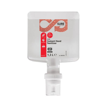 Un recipient dreptunghiular de 1,3 litri cu SURE Instant Hand Sanitizer de la Diversey Deutschland GmbH & Co. OHG, cu un pistol de dozare la bază și o etichetă roșu-negru cu simboluri pentru combaterea eficientă a germenilor.