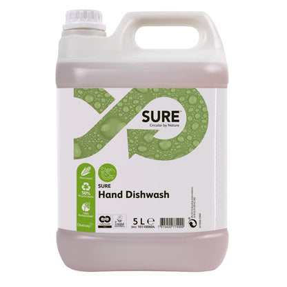 Un recipient de plastic de 5 litri SURE Hand Dishwash, detergent de vase manual de la Diversey Deutschland GmbH & Co. OHG, cu capac alb și o etichetă verde-albă cu bule, o săgeată circulară, informații despre produs și indicații despre puterea eficientă de dizolvare a grăsimii.