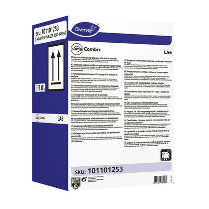 O cutie albă dreptunghiulară cu accente violet și negre, inscripționată cu „Diversey Suma Combi+ LA6, Detergent combinat și agent de clătire pentru apă de duritate medie“ de la Diversey Deutschland GmbH & Co. OHG, cu detalii, instrucțiuni, un cod de bare și SKU 101101253.