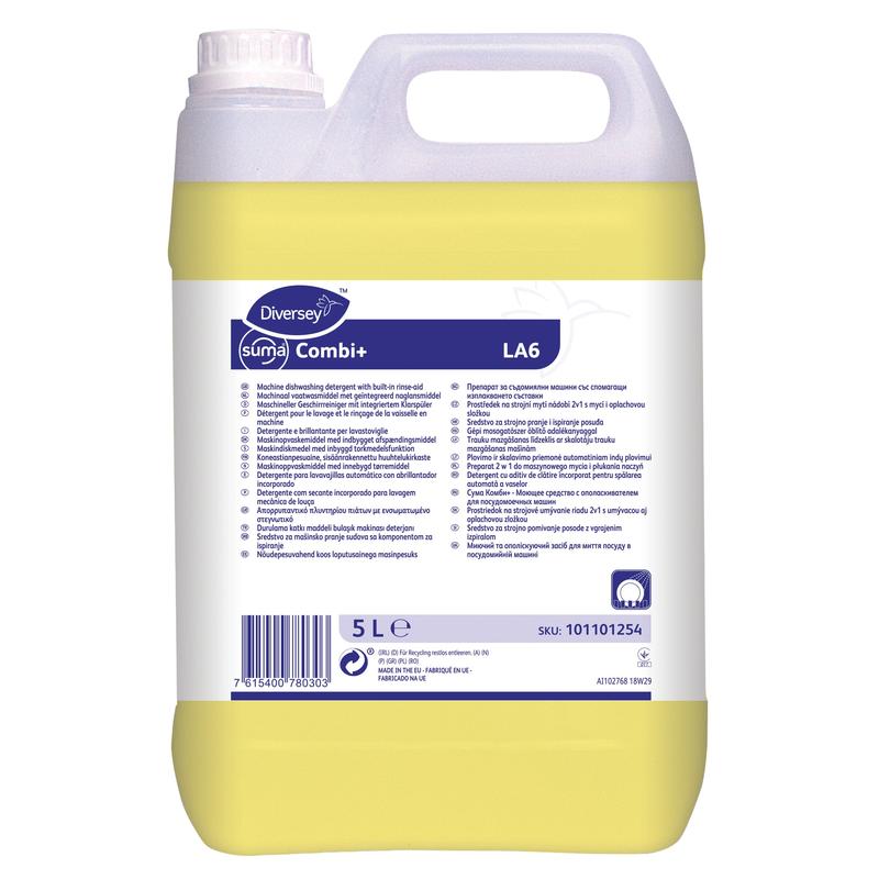 Un recipient de 5 litri din plastic transparent cu Diversey Suma Combi+ LA6, un detergent combinat și agent de clătire pentru apă de duritate medie, cu un lichid galben și o etichetă albă de la Diversey Deutschland GmbH & Co. OHG.