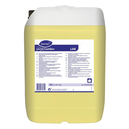 Un recipient mare galben de 20 de litri Diversey Suma Combi+ LA6, un detergent combinat și agent de clătire pentru apă de duritate medie de la Diversey Deutschland GmbH & Co. OHG, cu o etichetă albă cu text albastru și instrucțiuni de utilizare.
