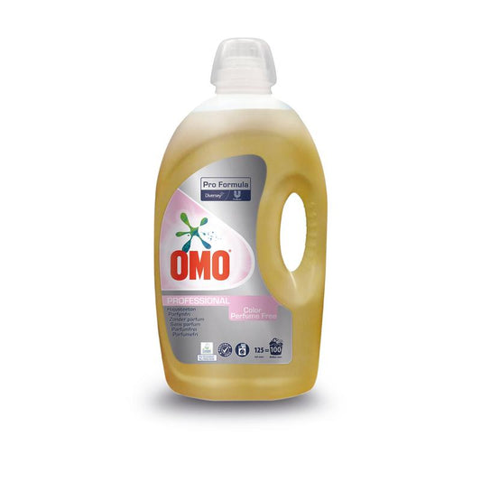 Eine 5L Flasche Omo Pro Formula Parfümfrei, parfümfreies Waschmittel von Diversey Deutschland GmbH & Co. OHG, ideal für farbige Stoffe und empfindliche Haut, mit Griff und beschriftetem weißen Hintergrund.