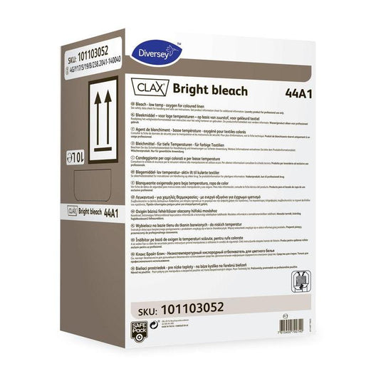 Un recipient dreptunghiular cu inscripția „Clax Bright Bleach 44A1 – Înălbitor pentru rufe colorate” de la Diversey Deutschland GmbH & Co. OHG, cu informații despre produs, instrucțiuni și avertismente în mai multe limbi. Eficient pentru rufe colorate și pete dificile. Cod articol: 101103052.