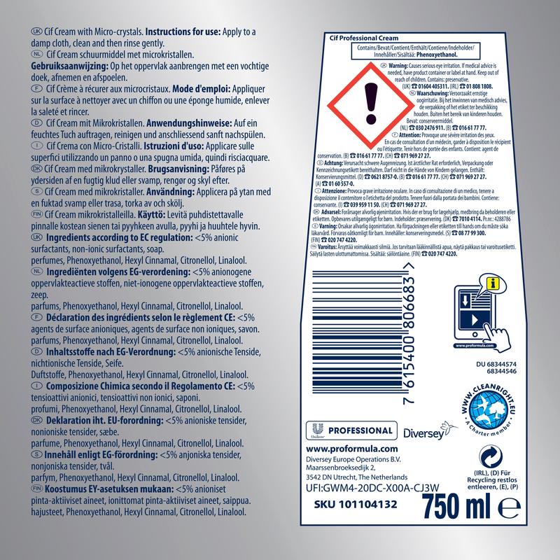 Etichetă pentru laptele abraziv profesional de la Diversey Deutschland GmbH & Co. OHG cu instrucțiuni multilingve, ingrediente, cod de bare, simboluri de reciclare, logo-uri, formulă cu înălbitor activ și un volum de 750 ml pe un fundal alb-albastru.