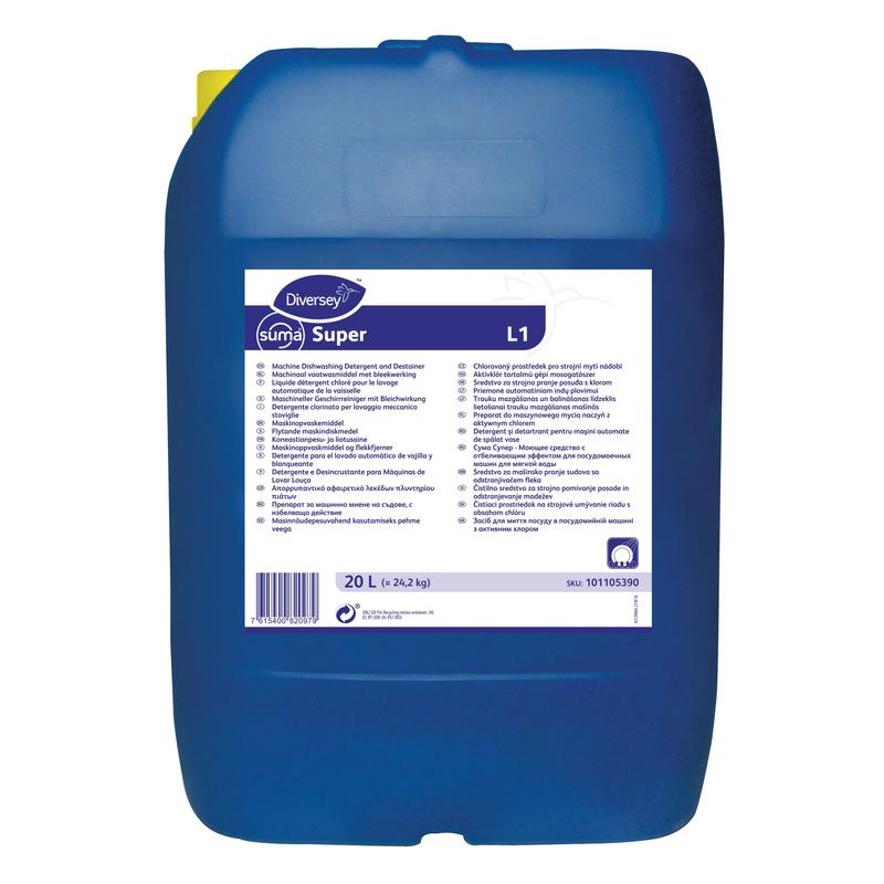 Un bidon mare de plastic albastru de 20 de litri de detergent de vase Suma Super L1 cu înălbitor pentru apă moale de la Diversey Deutschland poartă o etichetă albă cu detalii despre produs și instrucțiuni în mai multe limbi.
