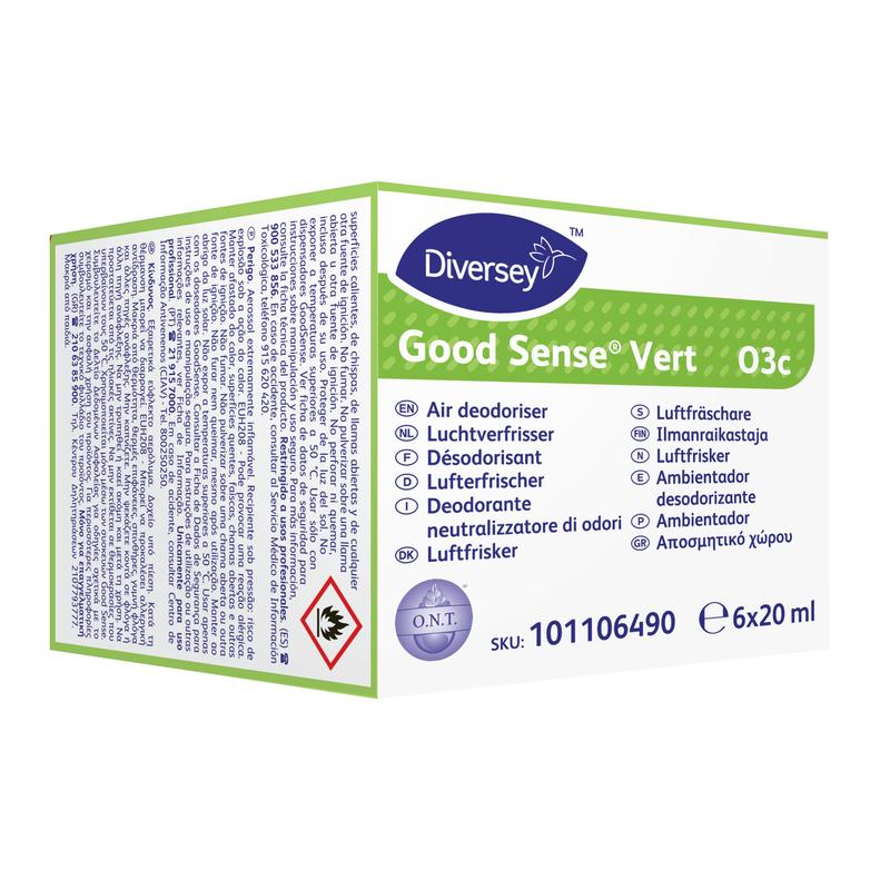 O cutie cu rezerve parfumate Good Sense Vert (6 bucăți) pentru sistemul de odorizare a aerului Good Sense de la Diversey Deutschland GmbH & Co. OHG, cu informații multilingve, simbol de pericol și 6 x 20 ml cartușe per pachet.