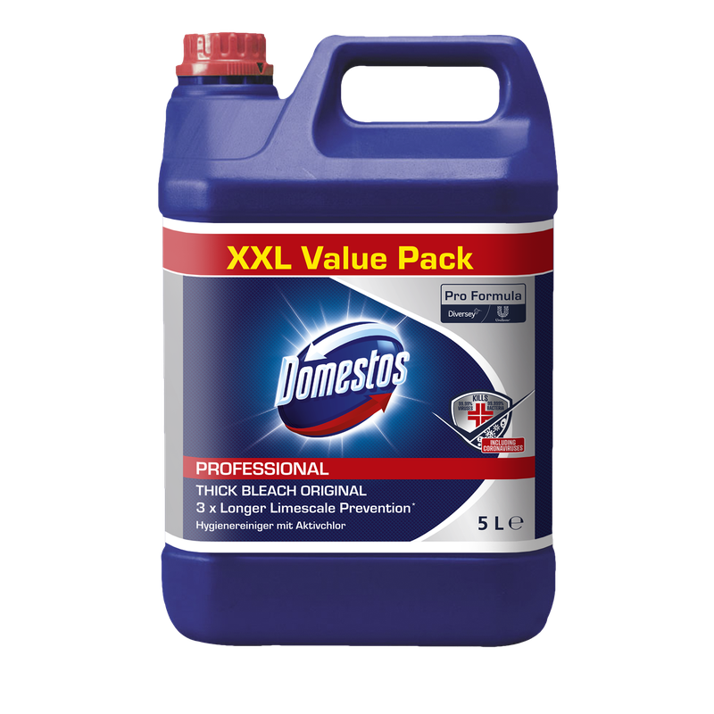 Der DOMESTOS Professional 5L Kanister Hygienereiniger mit Aktivchlor von Diversey Deutschland GmbH & Co. OHG ist ein XXL-Vorteilspack mit blauem Korpus, roter Kappe und Frontetikett für eine kraftvolle Tiefenreinigung.