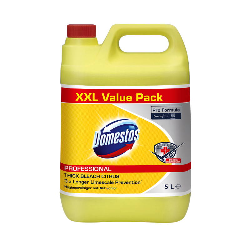 Un canistru de 5 litri din plastic galben cu inscripția „DOMESTOS Professional 5 L Kanister, detergent igienizant cu clor activ” de la Diversey Deutschland GmbH & Co. OHG, cu capac roșu și branding de produs pe partea frontală.