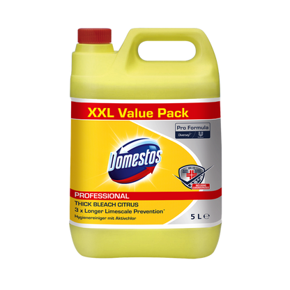 Un canistru de 5 litri din plastic galben cu inscripția „DOMESTOS Professional 5 L Kanister, detergent igienizant cu clor activ” de la Diversey Deutschland GmbH & Co. OHG, cu capac roșu și branding de produs pe partea frontală.