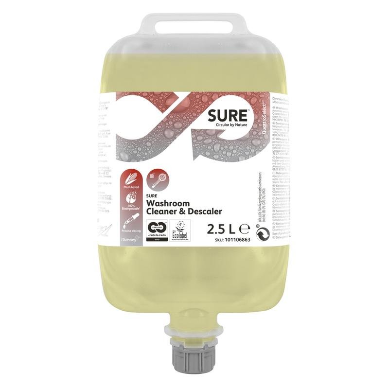 Un detergent sanitar și decalcifiant SURE de 2,5 litri de la Diversey Deutschland GmbH & Co. OHG, lichid galben cu ingrediente naturale, este livrat cu duză și o etichetă albă cu detalii despre produs și logo-ul SURE.