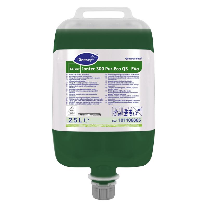 Un recipient de 2,5 litri TASKI Jontec 300 Pur-Eco detergent concentrat pentru podele de la Diversey Deutschland GmbH & Co. OHG cu Henkel, cioc de scurgere și informații de produs etichetate; soluția de curățare este biodegradabilă.