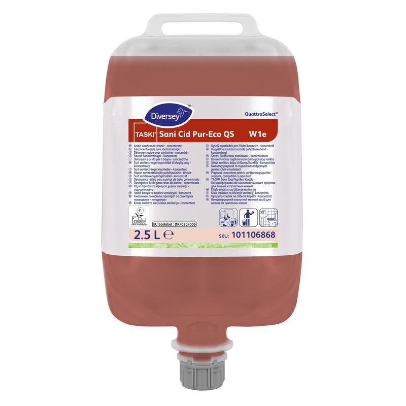 Un sac de 2,5 litri TASKI Sani Cid Pur-Eco QS detergent de întreținere sanitară de la Diversey, concentrat înalt cu acid citric natural și certificare ecologică UE.