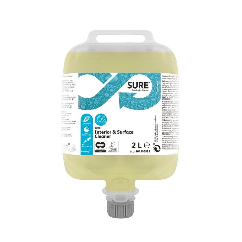 Un SURE Interior & Surface Cleaner de 2 litri (detergent universal) de la Diversey Deutschland GmbH & Co. OHG cu un dozator și o etichetă alb-albastră cu detalii despre produs, certificări și informații despre utilizare.