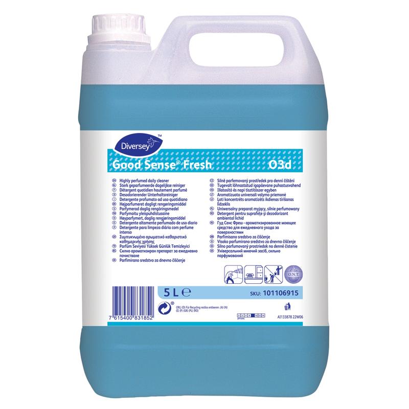 Un recipient de 5 litri de la Diversey Deutschland GmbH & Co. OHG Good Sense Fresh, detergent universal cu parfum intens și tehnologie O.N.T., cu lichid albastru și o etichetă multilingvă cu detalii despre produs, instrucțiuni de utilizare și indicații de siguranță.