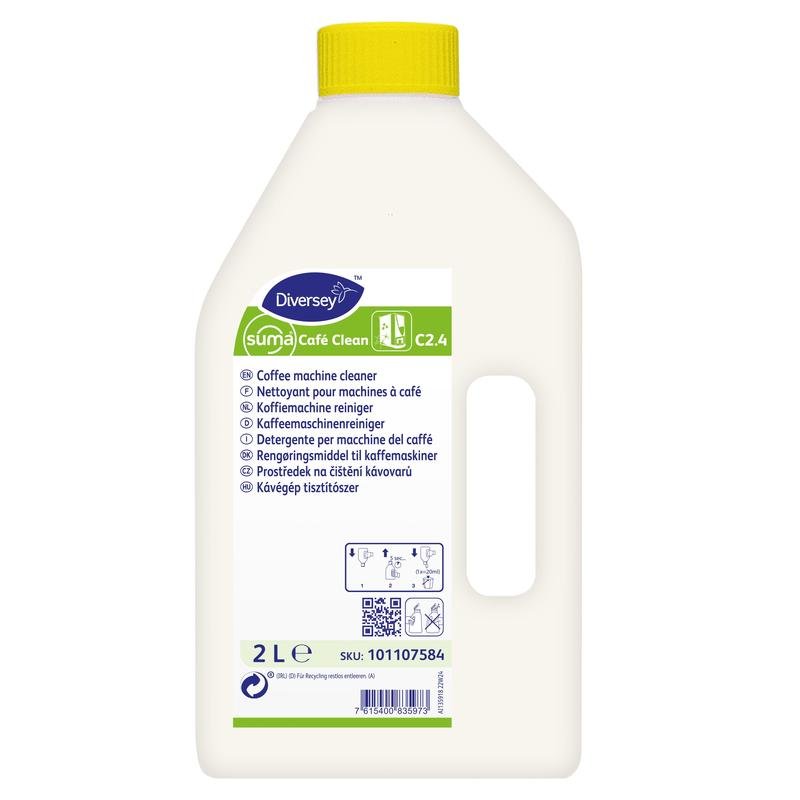 O sticlă de plastic albă de 2 litri "Suma Café Clean C2.4, Detergent lichid pentru mașini de cafea, cu conținut de clor" de la Diversey Deutschland GmbH & Co. OHG, cu capac galben și etichetă multilingvă pentru îndepărtarea depunerilor de grăsime și ulei de cafea.