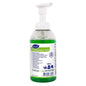 O sticlă cu pompă clară de 475 ml Suma Quick Foam D1.6 detergent de vase de mână de la Diversey Deutschland GmbH & Co. OHG conține săpun spumant verde concentrat, care este prevăzut cu o etichetă de avertizare alb-albastră cu simboluri și informații despre produs.