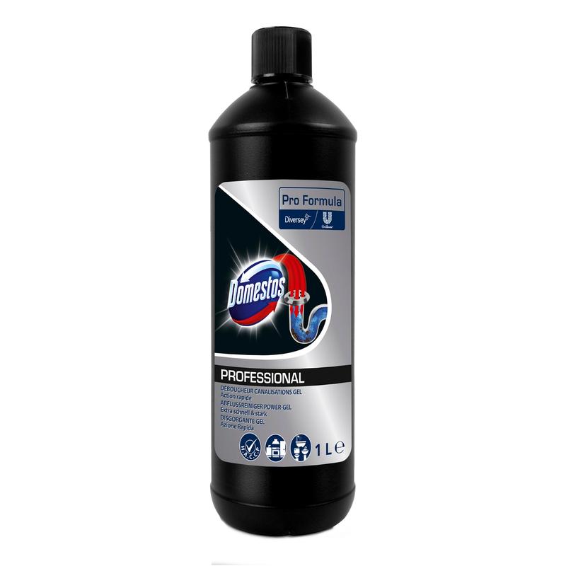 O sticlă neagră de 1 litru de DOMESTOS Professional Power-Gel pentru desfundarea țevilor de la Diversey Deutschland GmbH & Co. OHG cu etichetă albastru-argintiu - ideală ca un desfundator puternic pentru țevi, pentru eliminarea eficientă a blocajelor.