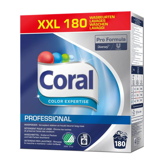 O cutie de detergent Coral Professional Color Expertise (180 de spălări, 8 kg de pulbere) de la Diversey Deutschland GmbH & Co. OHG, cu marca Pro Formula, design albastru, care asigură protecția culorilor și a fibrelor pentru culori strălucitoare.