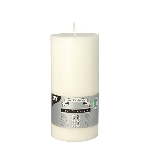 Lumânarea cilindrică PAPSTAR Ø 70 mm, 150 mm de la PAPSTAR GmbH este o lumânare mare, colorată alb integral, cu un fitil, marcată cu o bandă gri care indică fabricarea din 100% stearin și menționează durata de ardere în mai multe limbi.