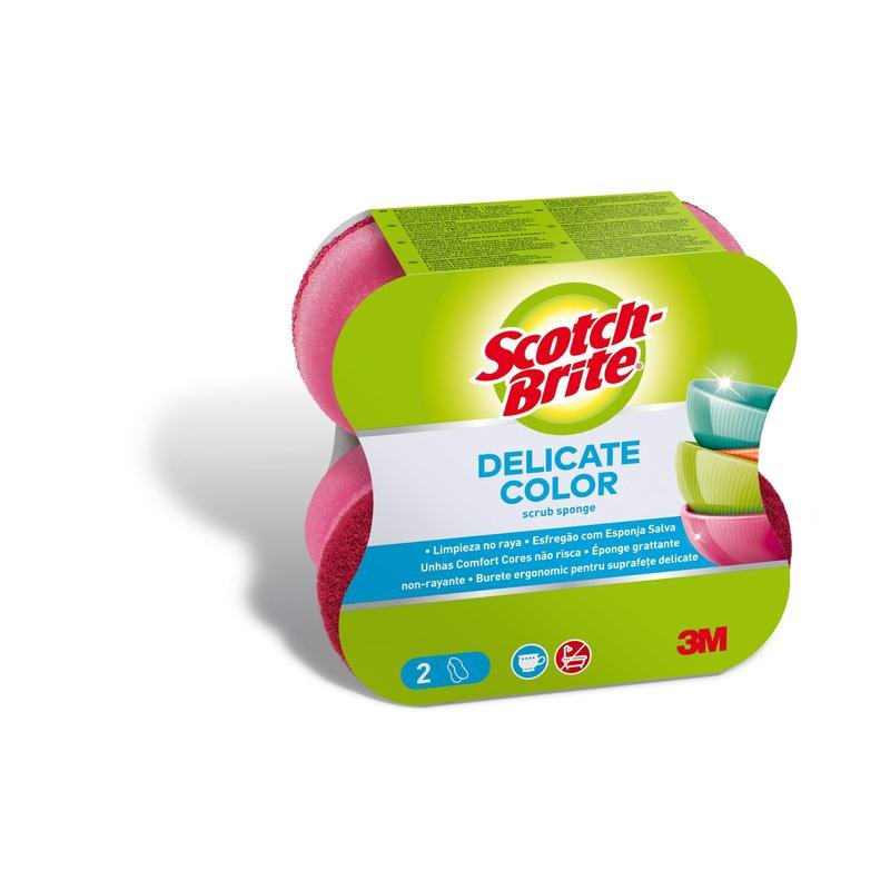 Buretele de curățare Scotch-Brite® Delicate Color Comfort care nu zgârie de la 3M Deutschland GmbH curăță suprafețele delicate. Pachetul de 2 bucăți conține bureți roz și verzi cu informații despre produs pe etichetă.