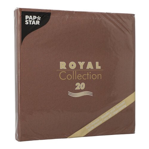 Un pachet pătrat maro PAPSTAR de 20 de șervețele "ROYAL Collection" 1/4-pliere (40x40 cm) de la PAPSTAR GmbH, cu scris auriu și alb, sigilat în plastic transparent - ideal pentru decorarea mesei.