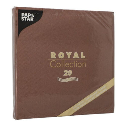 Un pachet pătrat maro PAPSTAR de 20 de șervețele "ROYAL Collection" 1/4-pliere (40x40 cm) de la PAPSTAR GmbH, cu scris auriu și alb, sigilat în plastic transparent - ideal pentru decorarea mesei.