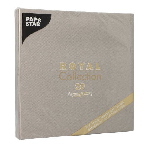 Este prezentat un pachet bej PAPSTAR GmbH de 20 de șervețele "ROYAL Collection" 1/4-pliere (40x40 cm), perfect pentru decorarea stilată a mesei. Pe partea din față este numele produsului în auriu-alb, iar șervețelele sunt învelite în folie transparentă.