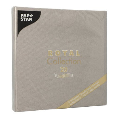 Este prezentat un pachet bej PAPSTAR GmbH de 20 de șervețele "ROYAL Collection" 1/4-pliere (40x40 cm), perfect pentru decorarea stilată a mesei. Pe partea din față este numele produsului în auriu-alb, iar șervețelele sunt învelite în folie transparentă.